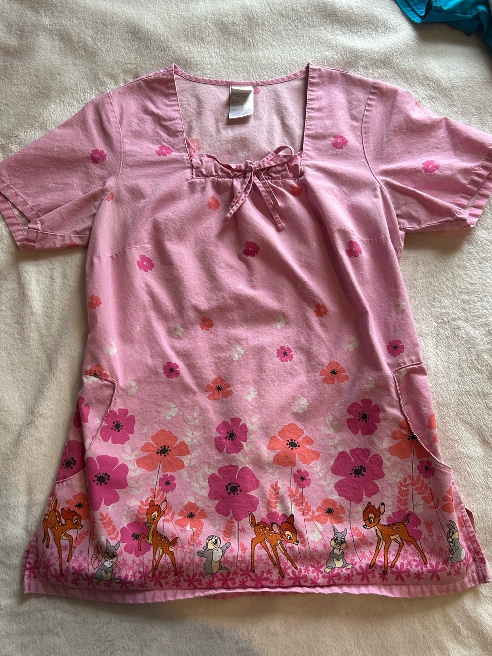 Disney Pink Floral Bambi-Print Scrub Top with Tie Neck and Pockets
